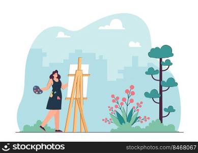 Female artist painting summer nature at easel. Happy woman drawing landscape picture on vacation flat vector illustration. Profession, art concept for banner, website design or landing web page. Female artist painting summer nature at easel