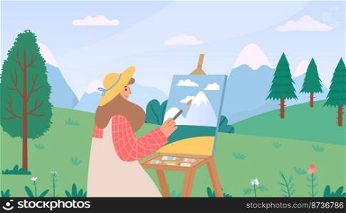 Female artist painting summer nature. Woman in hat sitting outdoor on green lawn and drawing mountains landscape. Person painting with brush and watercolors on easel vector illustration. Female artist painting summer nature. Woman in hat sitting outdoor on green lawn and drawing mountains landscape