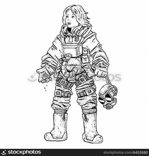 female astronaut black and white illustration
