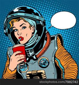 Female astronaut drinking soda pop art retro style. Female astronaut drinking soda
