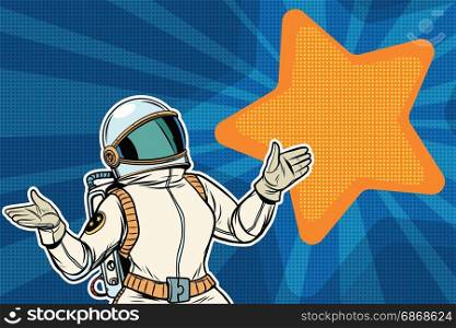 Female astronaut opened his arms dream star background. Pop art retro vector illustration. Female astronaut opened his arms dream star background