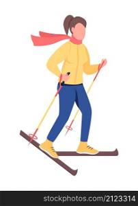 Female athlete skiing semi flat color vector character. Sportswoman figure. Full body person on white. Winter activity isolated modern cartoon style illustration for graphic design and animation. Female athlete skiing semi flat color vector character