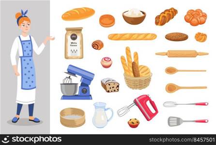 Female baker cartoon character for kids vector illustrations set. Cooking equipment, mixer, flour, different kinds of bread isolated on white background. Professions, food, restaurant, bakery concept