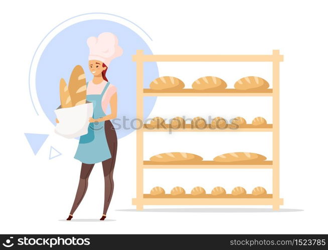 Female baker flat color vector illustration. Woman next to shelves with baked products. Bread production. Bake shop. Food industry. Girl in chef hat. Isolated cartoon character on white background