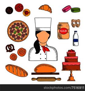 Female baker in chef uniform with colored sketch icons of chocolate cake, topped with strawberries, cupcakes, fresh bread, italian pizza, croissant, macarons, cinnamon rolls, pretzel, dough, milk, flour and eggs. Great for food service professions design. Baker with bread and pastries colored sketch icon