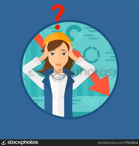 Female bankrupt clutching her head. Female bankrupt with a big question mark above her head. Concept of business bankruptcy. Vector flat design illustration in the circle isolated on background.. Woman clutching her head.