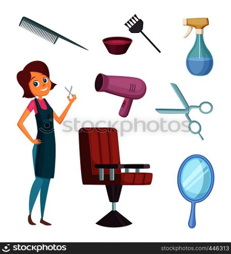 Female barber at work. Stylist with different tools for barbershop. Fashion pictures in cartoon style. Hairdresser and comb mirror scissor, armchair workplace. Vector illustration. Female barber at work. Stylist with different tools for barbershop. Fashion pictures in cartoon style