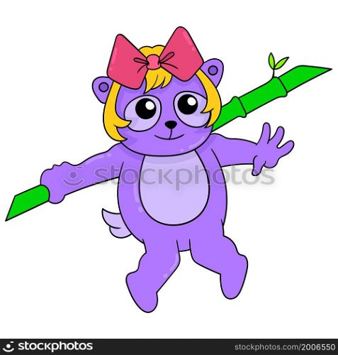 female bear with pink ribbon holding a bamboo stick martial arts