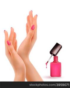 Female beautiful hands with a pink nail polish bottle. Vector.