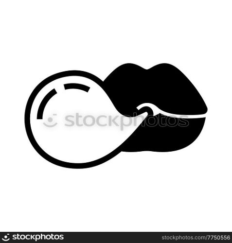 Female beautiful lips blowing gum bubble, black Illustration drawn by the cartoon style. Female lips blowing gum bubble, beauty mouth