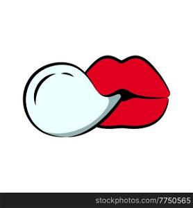 Female beautiful lips blowing gum bubble, red Illustration drawn in the comics style. Female lips blowing gum bubble, beauty mouth