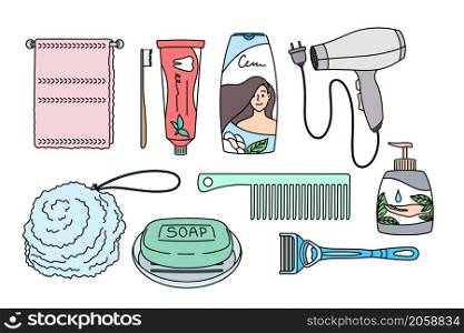 Female beauty and wellness concept. Group of objects for woman home beauty hair dryer towel shampoo soap brush toothpaste for everyday hygiene vector illustration. Female beauty and wellness concept