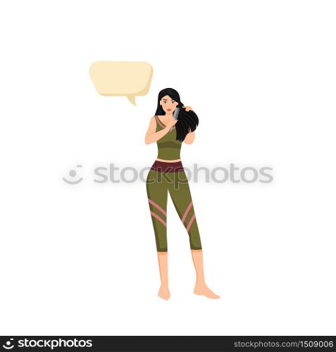Female beauty guru flat color vector faceless character. Caucasian woman brush dark hair. Person with speech bubble isolated cartoon illustration for web graphic design and animation