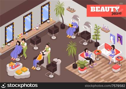 Female beauty salon isometric background with working staff customers sitting in clients chairs or waiting in rest zone of barbershop vector illustration