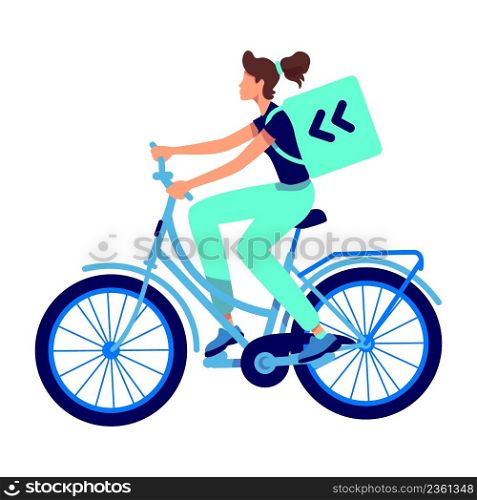 Female bicycle courier semi flat color vector character. Riding figure. Full body person on white. Express delivery on bicycle simple cartoon style illustration for web graphic design and animation. Female bicycle courier semi flat color vector character