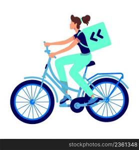 Female bicycle courier semi flat color vector character. Riding figure. Full body person on white. Express delivery on bicycle simple cartoon style illustration for web graphic design and animation. Female bicycle courier semi flat color vector character
