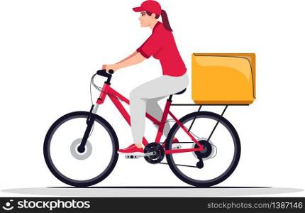 Female bike courier in red semi flat RGB color vector illustration. Caucasian worker with package on bicycle. Fast food home shipping. Delivery woman isolated cartoon character on white background. Female bike courier in red semi flat RGB color vector illustration