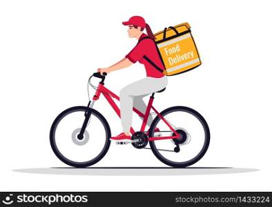 Female bike courier with food delivery semi flat RGB color vector illustration. Caucasian worker in red uniform. Fast food home shipping. Delivery woman isolated cartoon character on white background. Female bike courier with food delivery semi flat RGB color vector illustration