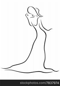 Female black contour with a hat and a long dress, hand drawing vector artwork