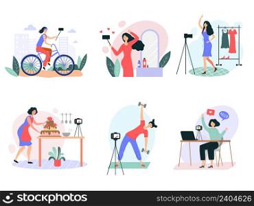 Female blogger. Beauty vlogger recording video on smartphones self production studio vector flat characters concept pictures. Illustration vlogger female, fashion influencer, cook and fitness video. Female blogger. Beauty vlogger recording video on smartphones self production studio recent vector flat characters concept pictures