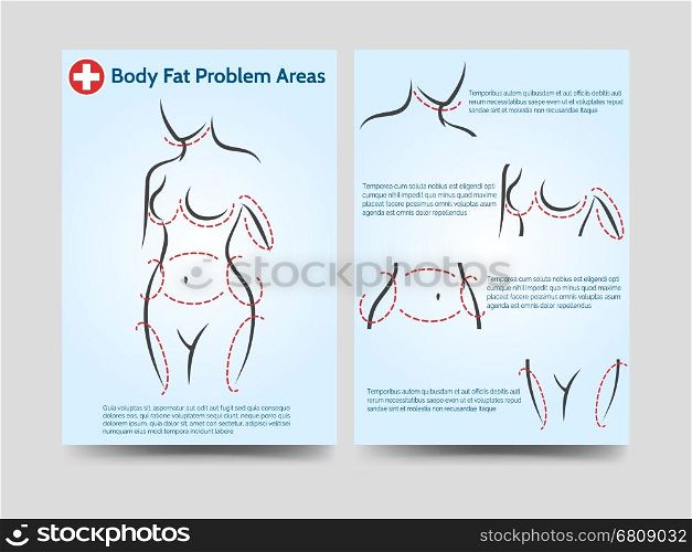 Female body fat problems flyer template. Female body fat problems areas vector illustration. Medicinal brochure flyer template design