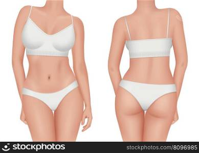 Female body. Front and back views of female nude body decent vector realistic templates of model back and front girl illustration. Female body. Front and back views of female nude body decent vector realistic templates