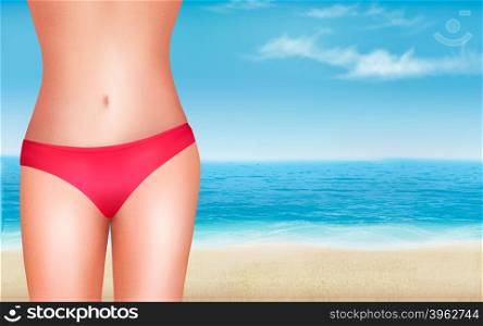 Female body in a swimsuit in front of a seaside background. Vector.