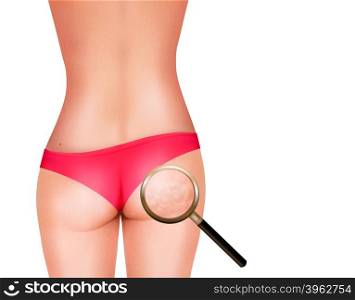 Female body with magnifying glass. Vector.