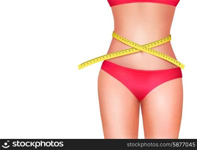Female body with measuring tape. Diet concept. Vector.