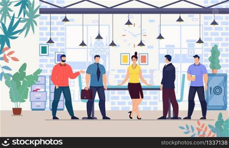 Female Boss, Company Leader, Successful Businesswoman Standing in Office Surrounded by Male Employees, Meeting with Colleagues, Negotiating with Business Partners Trendy Flat Vector Illustration