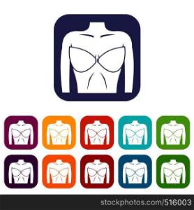 Female breast in a bra icons set vector illustration in flat style in colors red, blue, green, and other. Female breast in a bra icons set