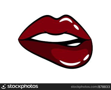 Female bright purple lips badge. Glossy lips icon on white background, vector illustration. Female bright purple lips badge