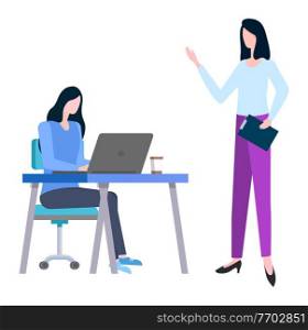 Female brokers discussing trades and sales isolated. Vector woman walking with laptop, training at work and controlling by supervisor, people collaboration. Female Brokers Discussing Trade and Sales Isolated