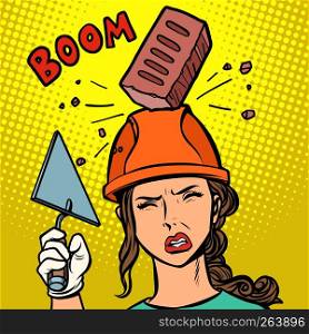 female builder brick falls on helmet. Comic cartoon pop art retro vector illustration drawing. female builder brick falls on helmet