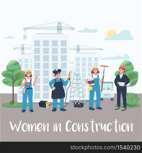 Female building site workers social media post mockup. Women in construction phrase. Web banner design template. Booster, content layout with inscription. Poster, print ads and flat illustration. Female building site workers social media post mockup