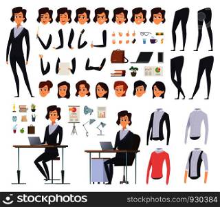 Female business animation. Director office manager woman body parts clothes and business wardrobe items vector character creation kit. Illustration of businesswoman young, female woman animation. Female business animation. Director office manager woman body parts clothes and business wardrobe items vector character creation kit