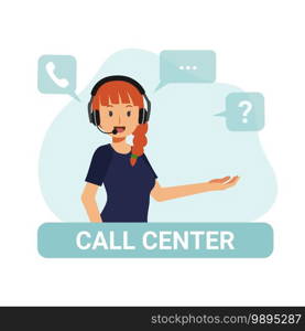 Female call center agent.Flat Vector catoon character illustration. 