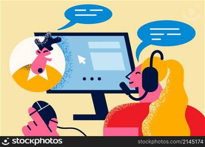Female call center agent in headset work on computer talk with male client. Woman operator consult guy consumer on helpline online. Internet customer service. Flat vector illustration.. Call center agent consult client on computer call