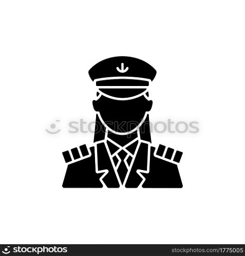 Female captain black glyph icon. Main person during cruise. Organizing vacation for passengers. Comfortable ocean traveling. Silhouette symbol on white space. Vector isolated illustration. Female captain black glyph icon