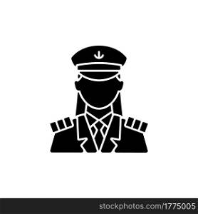Female captain black glyph icon. Main person during cruise. Organizing vacation for passengers. Comfortable ocean traveling. Silhouette symbol on white space. Vector isolated illustration. Female captain black glyph icon