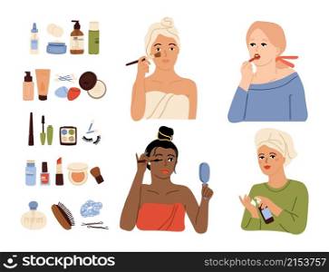 Female care. Makeup process, skin cares cosmetics and procedure. Cosmetology, beauty salon. Isolated girls after bath doing make up vector set. Illustration beauty and care, cosmetology cosmetic. Female care. Makeup process, skin cares cosmetics and procedure. Cosmetology, beauty salon. Isolated diverse girls after bath doing make up vector set