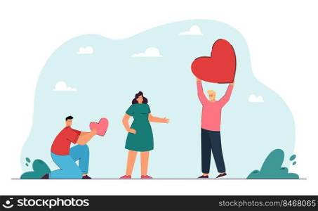 Female cartoon character choosing man holding bigger heart. Girl rejecting male character with small heart, love triangle flat vector illustration. Romance, relationship, rejection concept for banner
