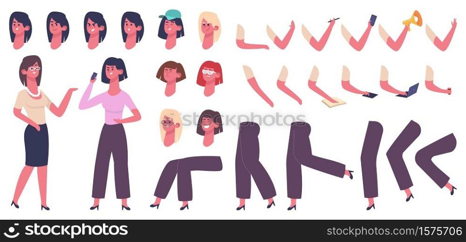 Female cartoon character. Woman body constructor, girl with clothes, hairstyle, hand gestures and facial emotions vector illustration icons set. Constructor female and male, woman girl generator pose. Female cartoon character. Woman body constructor, girl with clothes, hairstyle, hand gestures and facial emotions vector illustration icons set