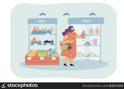 Female cartoon customer choosing goods in supermarket. Fruit and vegetables on shelves, woman putting product in basket flat vector illustration. Grocery shopping, nutrition, food concept for banner