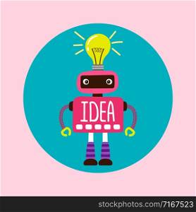 Female cartoon robot with new idea vector illustration. Idea of intelligence, artificial character, bot machine and robot ai. Female cartoon robot with new idea vector illustration