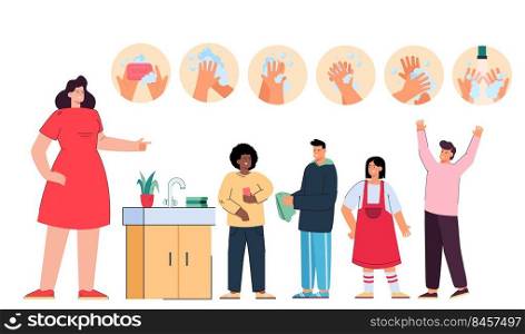 Female cartoon teacher teaching kids hand washing steps. Kids washing hands with soap in school bathroom flat vector illustration. Education, hygiene concept for banner, website design or landing page