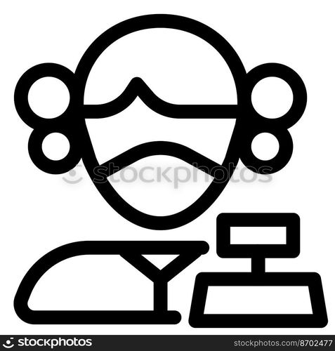 Female cashier working on desktop with mask.