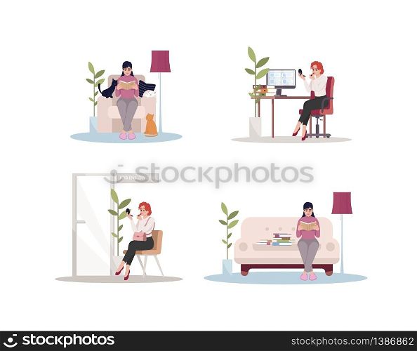 Female caucasian at home and work semi flat RGB color vector illustration set. Woman relax on sofa. Businesswoman wait for job interview. White woman isolated cartoon character on white background. Female caucasian at home and work semi flat RGB color vector illustration set