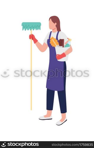 Female caucasian cleaner flat color vector faceless character. Janitor in uniform with bucket and mop. Essential worker isolated cartoon illustration for web graphic design and animation. Female caucasian cleaner flat color vector faceless character