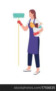 Female caucasian cleaner flat color vector faceless character. Janitor in uniform with bucket and mop. Essential worker isolated cartoon illustration for web graphic design and animation. Female caucasian cleaner flat color vector faceless character